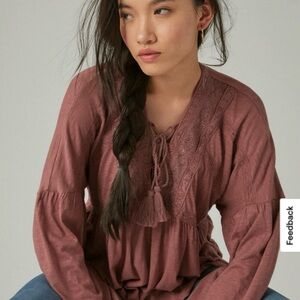 Lucky Brand Lace Up Trim Peasant Top